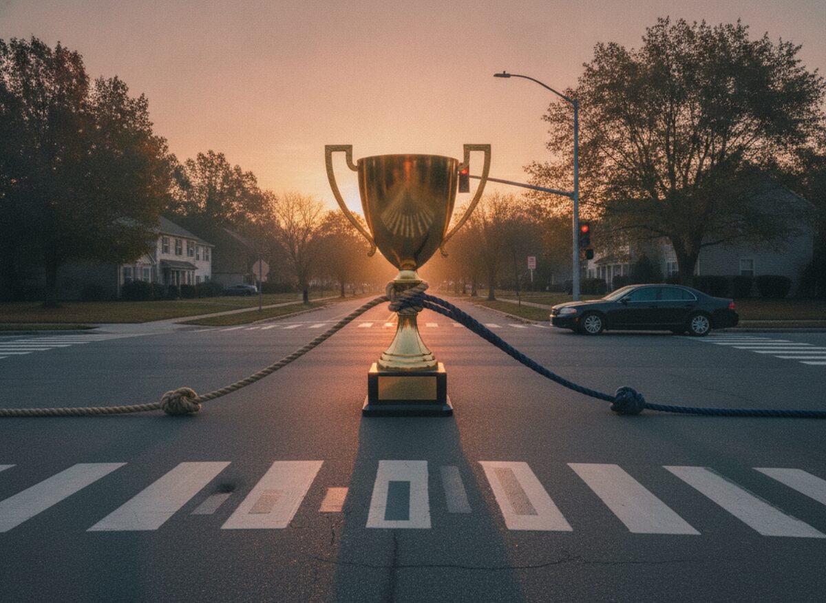 Press photo: a giant golden trophy standing in the middle of a suburban intersection with two thick ropes tied to it pulling in opposite directions out of frame, a shrinking bar chart painted across the crosswalk
