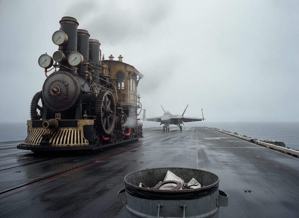 Press photo: an enormous Victorian brass steam engine with pistons and gauges bolted onto the flight deck of an aircraft carrier, steam billowing around a fighter jet waiting on the catapult track