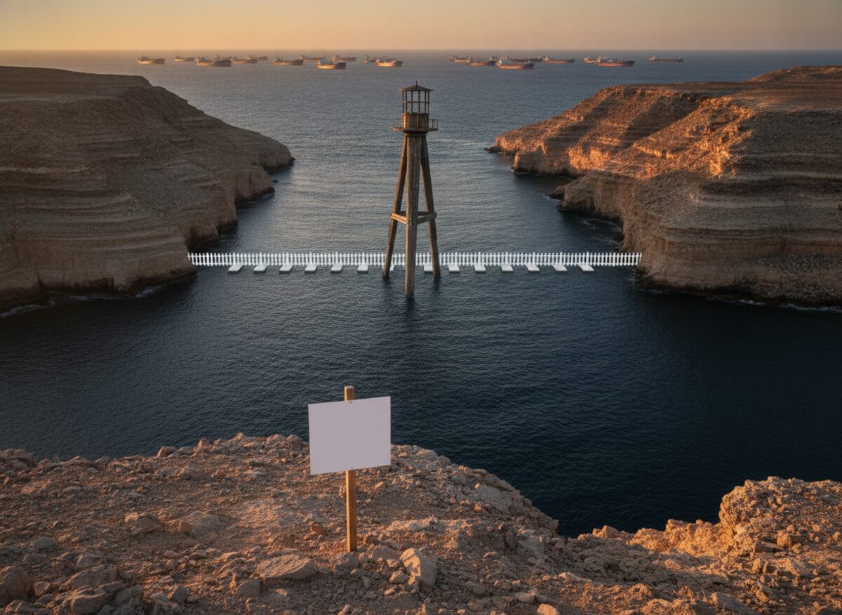 Press photo: a colossal wooden property stake driven into the sea at a narrow strait between rocky headlands, with a white picket fence floating across the water on pontoons and a queue of distant tankers on the horizon