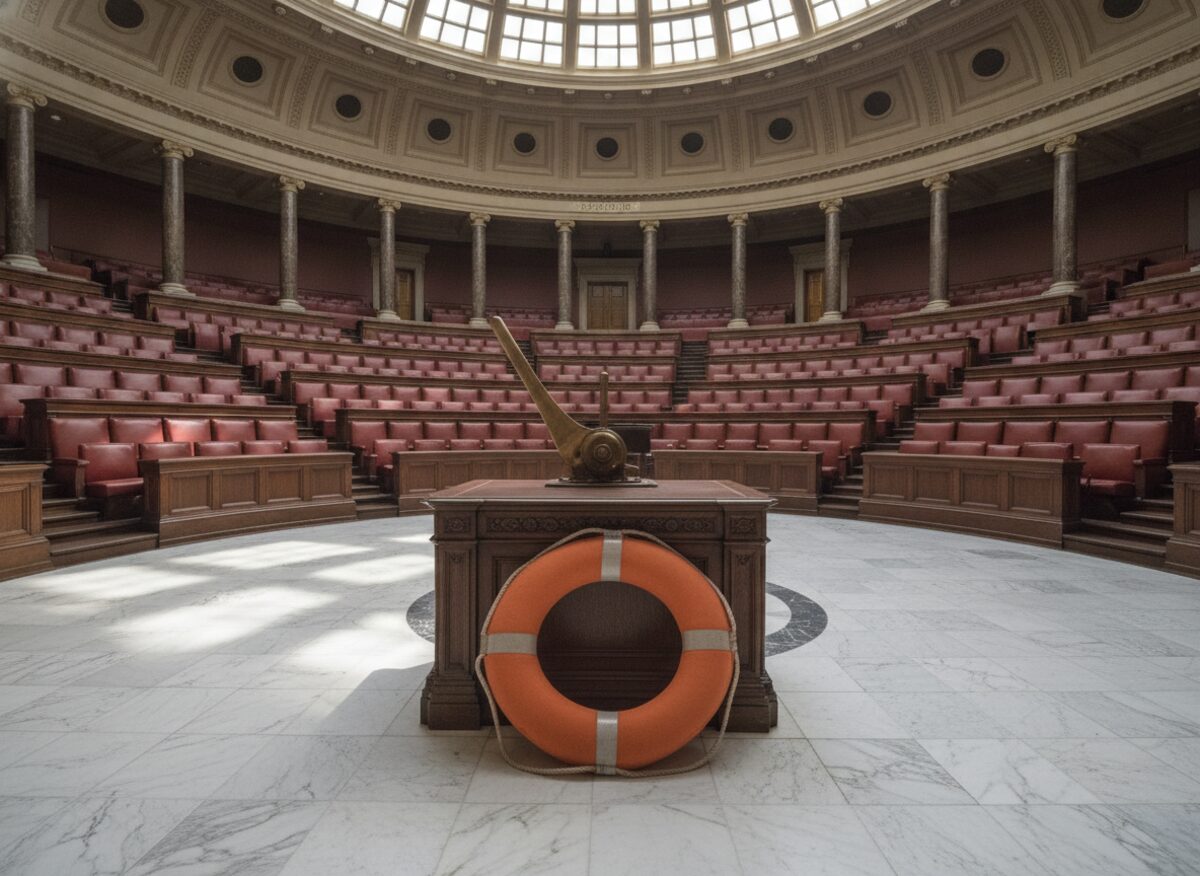 Press photo: a stately Senate chamber, a single wooden desk on the marble floor with an enormous brass railroad-switch lever bolted to it thrown to one side, a giant plush life-preserver ring wrapped around the lever and desk as if in an embrace, empty tiered leather chairs curving around