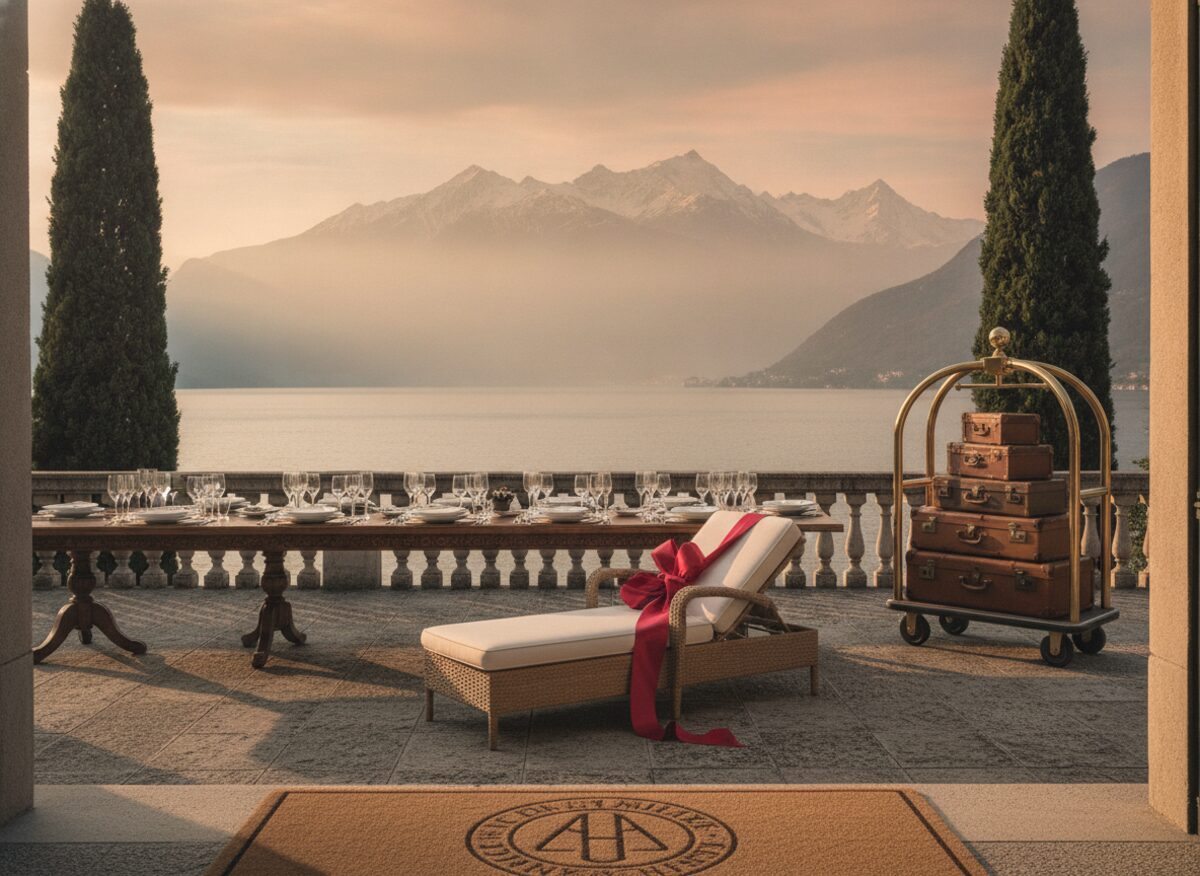Press photo: a palatial villa terrace over a glassy alpine lake at golden hour, a long banquet table set with silver and untouched champagne, an enormous red gift bow tied around a reclining lounge chair, and a brass cart stacked with matching leather suitcases