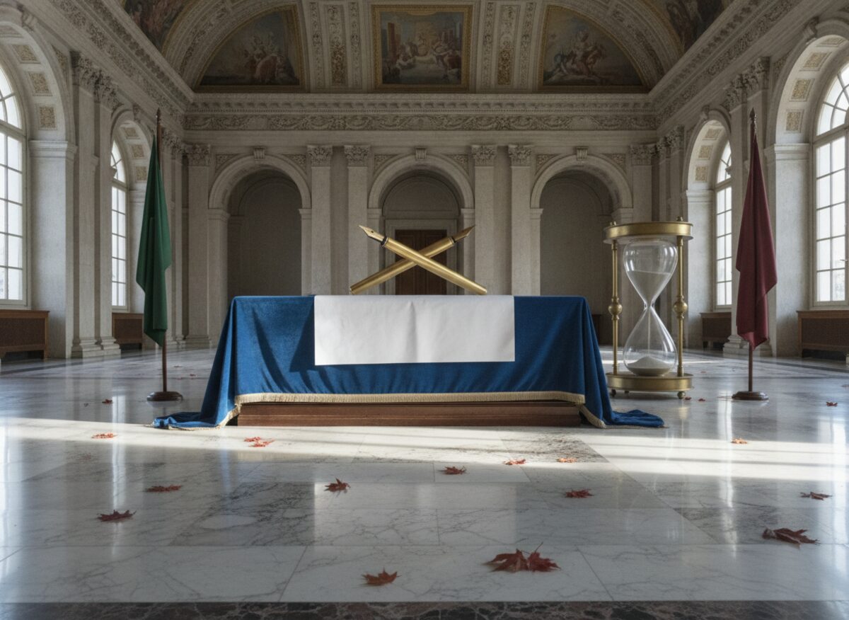 Press photo: a bedsheet-sized blank contract lies unsigned on a blue summit table with two oversized golden fountain pens crossed on it, a person-sized hourglass nearly run out beside it, two plain unmarked flags flanking the scene and maple leaves on the floor
