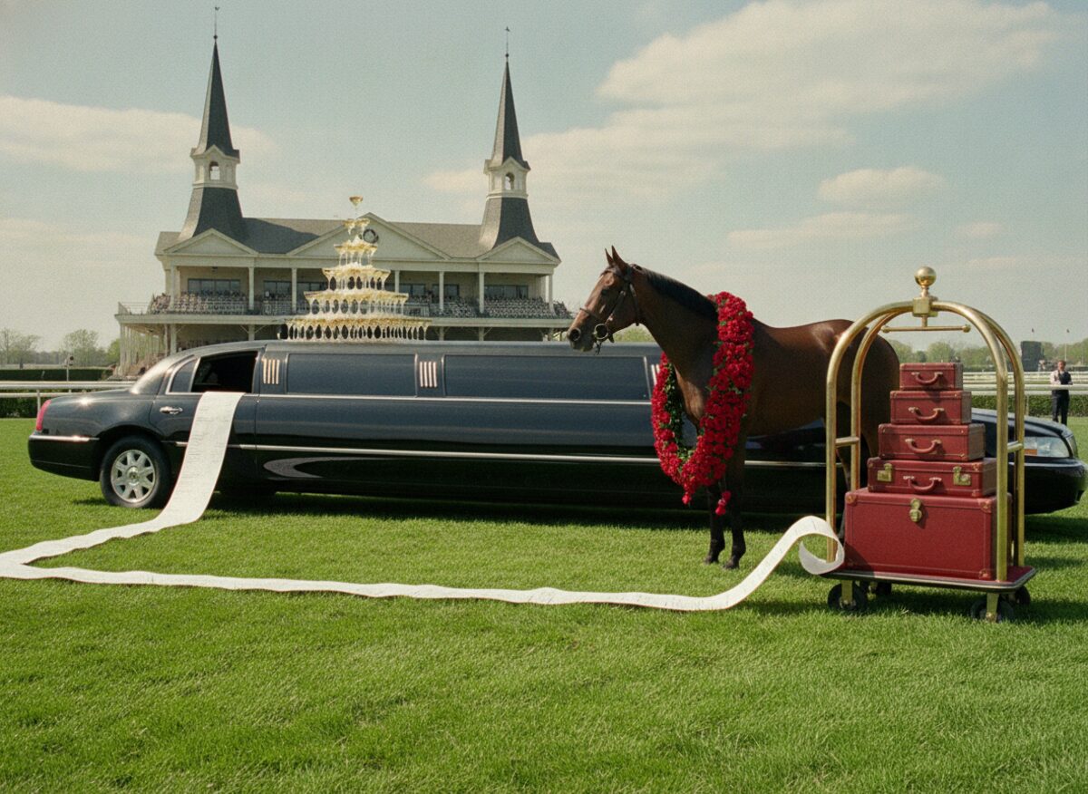 Press photo: a grand horse-racing paddock on a bright spring day, an absurdly long black stretch limousine parked on the infield grass with a champagne tower on its roof, a thoroughbred draped in a garland of red roses beside it, a brass cart of suitcases and a long blank receipt spilling from the limo window