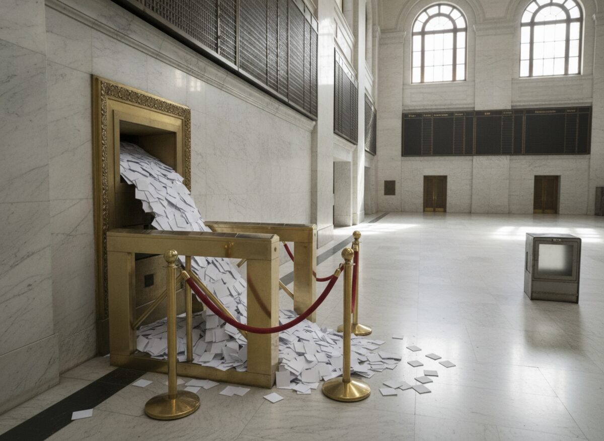 Press photo: a brass turnstile with a red velvet rope stands before a giant golden mail slot in a marble wall, a torrent of blank white cards streaming out toward it while a lone fogged newspaper box waits across an empty trading floor