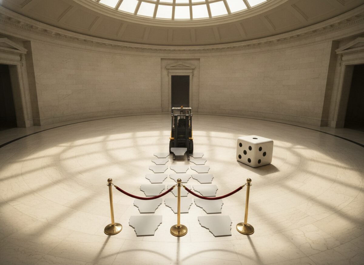 Press photo: a grand marble hall floor inlaid with a row of blank state-shaped tiles arranged like a starting line, one tile pried up and carried to the very front by a small forklift, a red velvet rope marking the new front of the line, an enormous single die resting to one side
