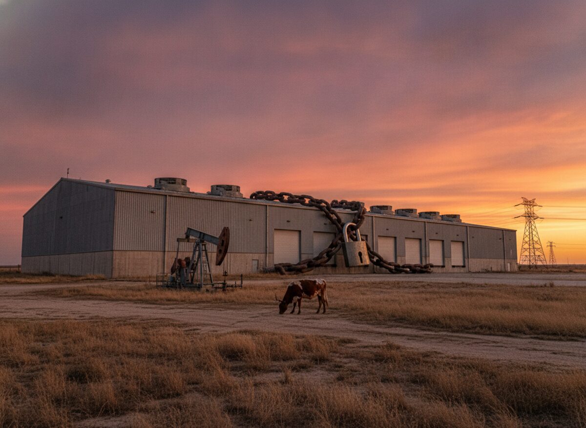 Press photo: a vast windowless data center on the flat Texas plains at dusk, an enormous steel chain and padlock the size of a car wrapped across its roll-up doors, rows of giant cooling fans sitting motionless, a lone longhorn grazing out front beside a nodding oil pump