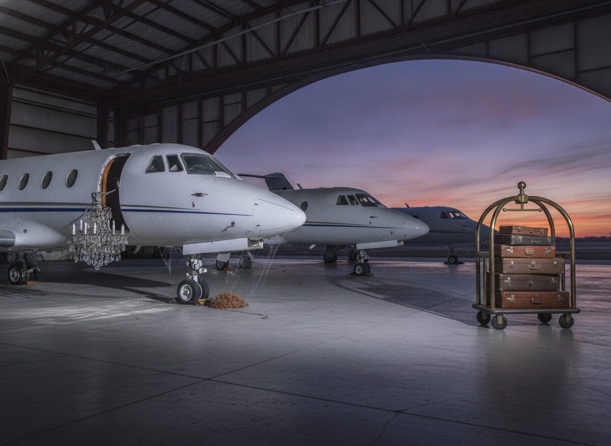 Press photo: three gleaming white private jets parked wing to wing in an open hangar at dusk, tires flat and draped in cobwebs under a film of dust, a crystal chandelier hanging in the open cabin door of the nearest jet, a tumbleweed against the landing gear