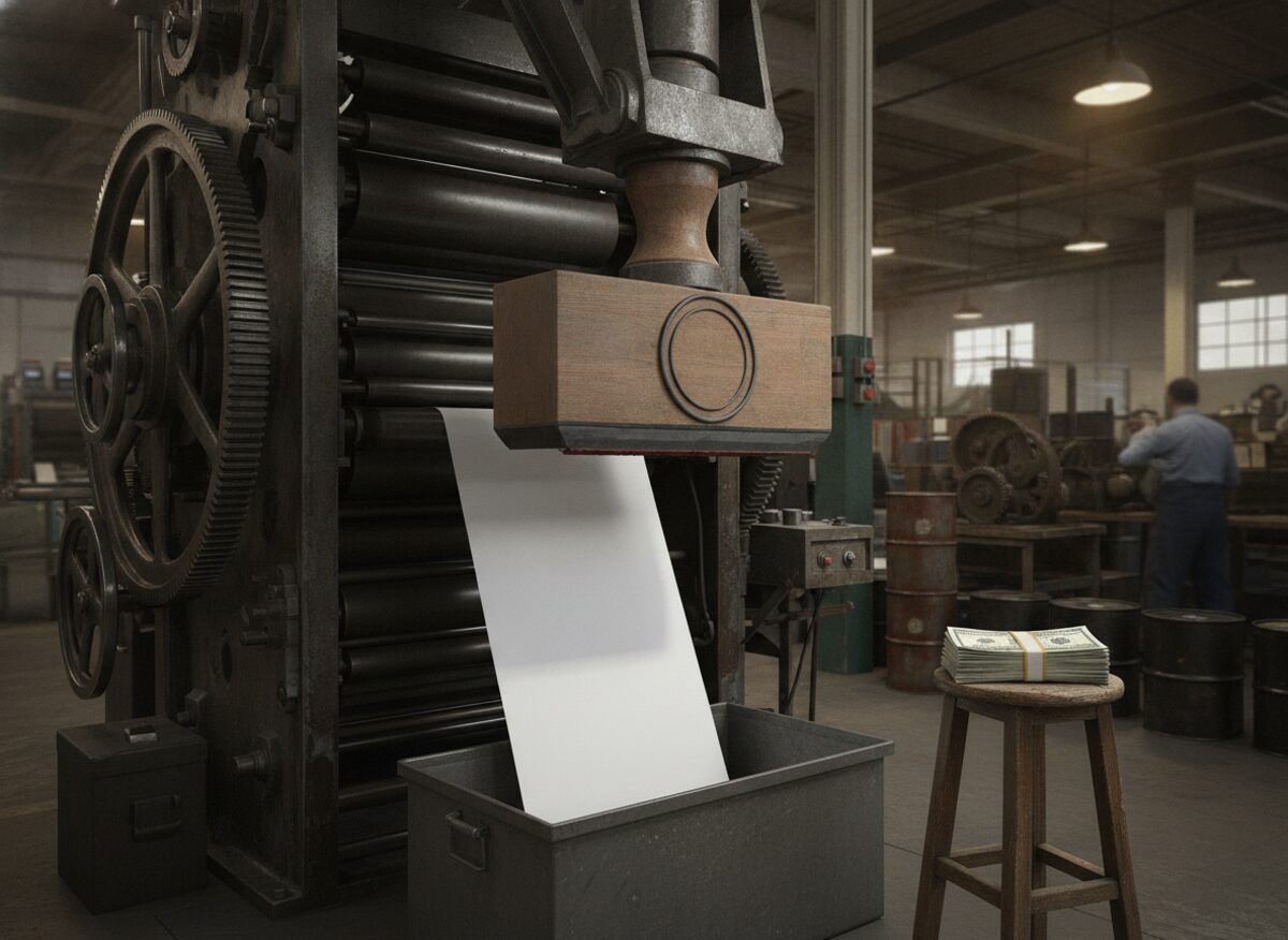 Press photo: a newspaper pressroom, a rotary printing press mid-run spilling a river of blank newsprint into a bin, a giant wooden rubber stamp bearing a blank official seal suspended on a mechanical arm poised above the pages, a banded stack of cash on a stool