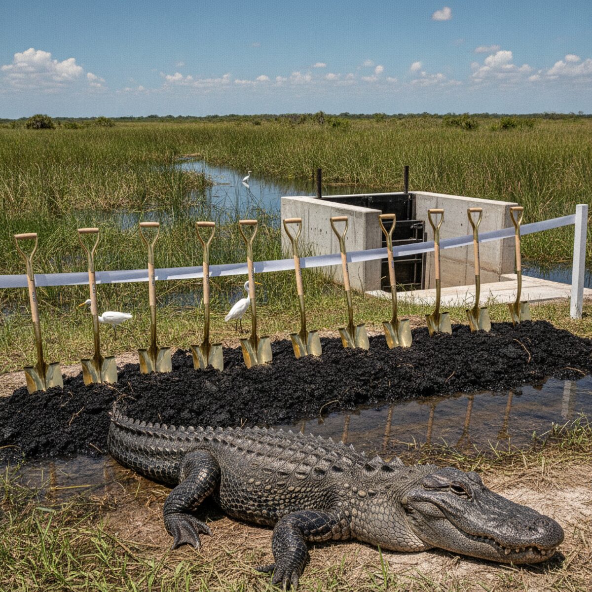 Press photo: a groundbreaking ceremony in a Florida wetland, a row of oversized polished golden shovels stuck upright in black mud, an enormous blank ribbon strung between two posts, and a large alligator sunning itself beside a fresh concrete lock gate rising from the swamp