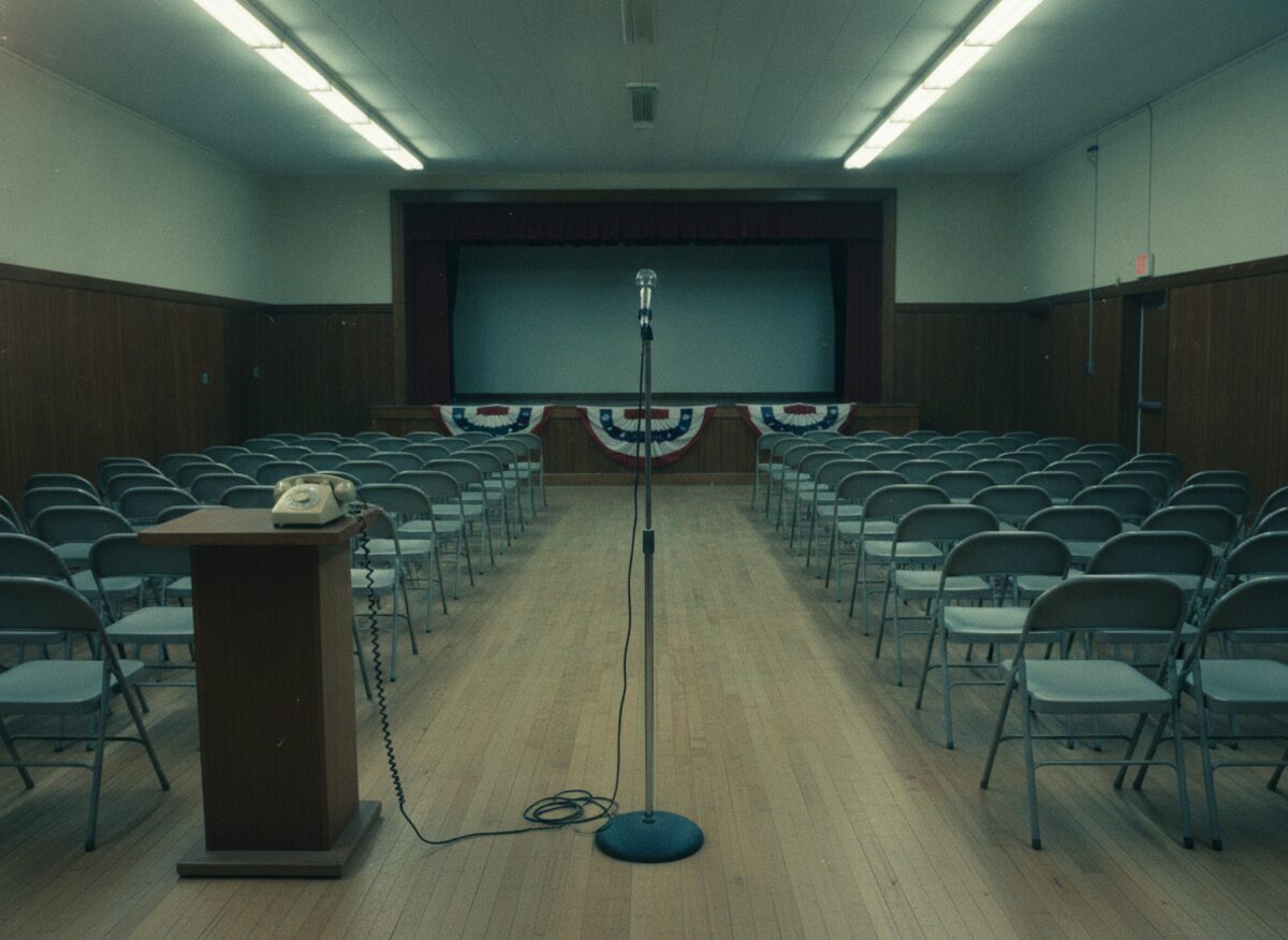 Press photo: an empty small-town community hall set for a town-hall meeting, rows of empty folding chairs facing a low stage, a lone standing microphone with its cord unplugged and coiled on the floor, and an old beige rotary telephone sitting on the podium where the microphone should be