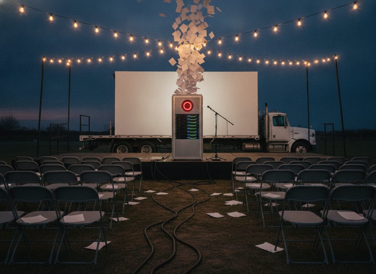 Press photo: a campaign stage at dusk where a humming server tower with a single glowing lens sits behind the microphone instead of a lectern, spitting a stream of blank paper flyers over rows of empty folding chairs, a blank billboard on a truck behind