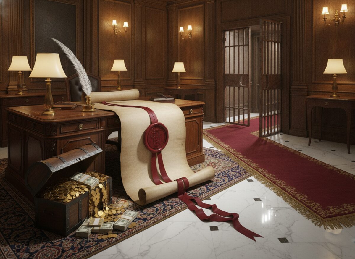 Press photo: an opulent gilded office at night, an enormous unfurled parchment with a wax seal on a mahogany desk, an overflowing treasure chest of gold and cash beside it, and an open jail-cell door swinging with a red carpet rolling out through it