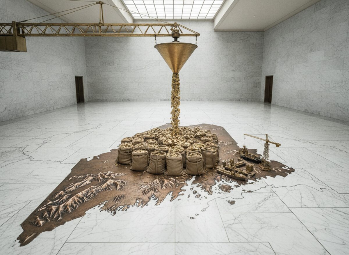 Press photo: a marble hall with a huge floor map of a small coastal state piled with oversized burlap money-bags, an enormous brass funnel on a crane pouring gold coins onto it, and the rest of the national map around it left bare