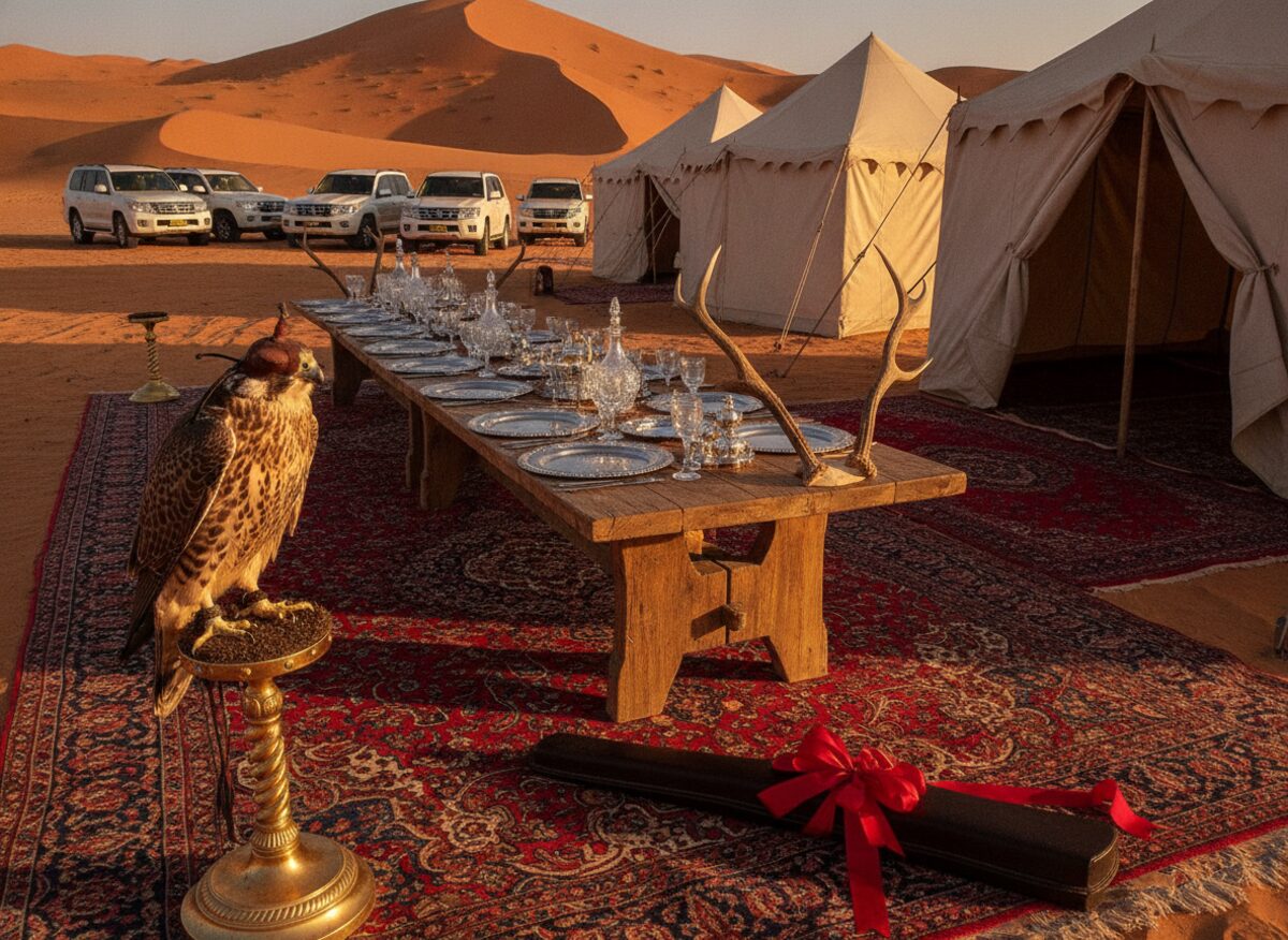 Press photo: a lavish desert hunting camp at golden hour, a hooded falcon on a gilded stand, a row of gleaming white 4x4s, a banquet table with silver trays, a rack of oversized trophy antlers, and a gift-wrapped rifle case with a huge bow on a Persian carpet