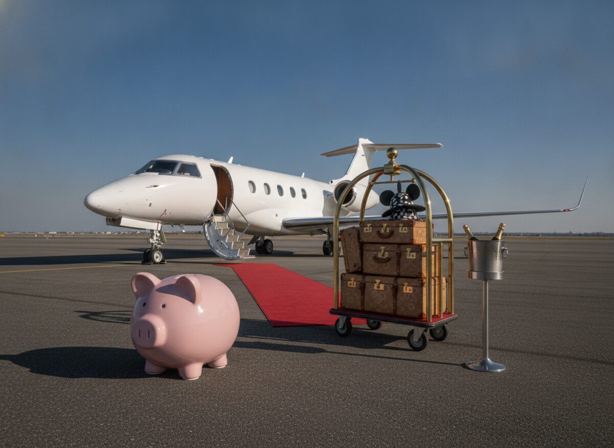 Press photo: a sunny airport tarmac with a sleek private jet, air-stair down, a brass luggage cart piled with matching suitcases and oversized cartoon mouse-ear hats, a champagne bucket on a stand, and a person-sized ceramic piggy bank with a coin slot, red carpet from the jet