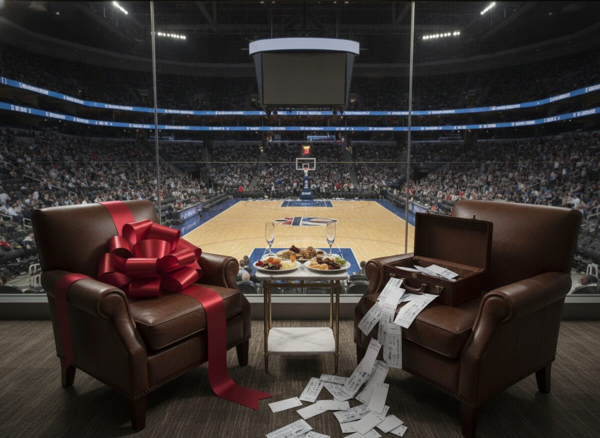 Press photo: an empty arena luxury suite overlooking a basketball court, plush courtside seats draped with an enormous glossy gift bow, a marble table with untouched catering and champagne, and an open briefcase on a seat overflowing with blank tickets, blank scoreboard above