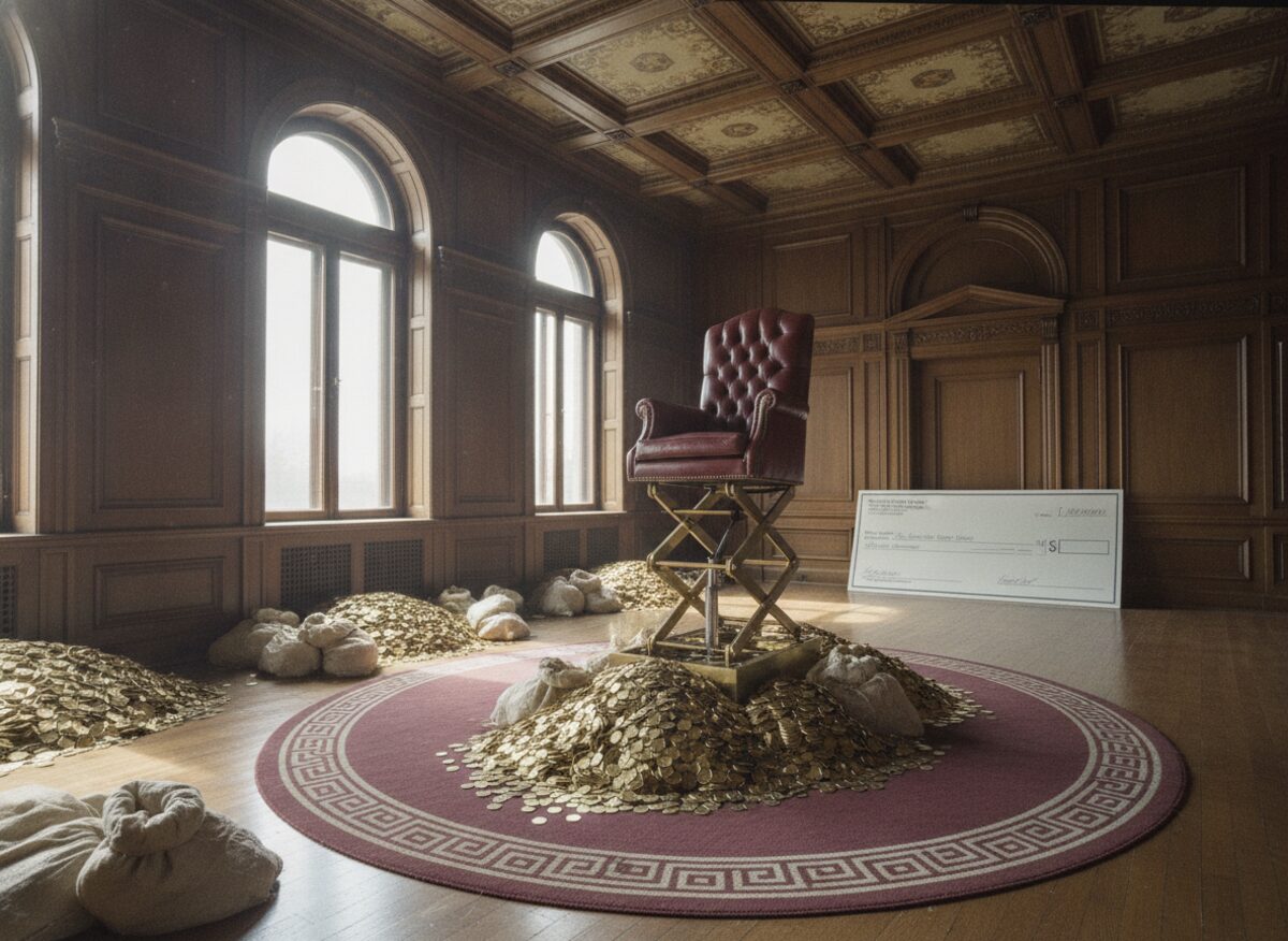 Press photo: a grand city-hall office where an ornate mayor's leather chair is mounted atop a golden hydraulic lift rising toward the ceiling, stacks of gold coins piling beneath it, a giant blank novelty check leaning against the wall, a plain patterned rug on the floor