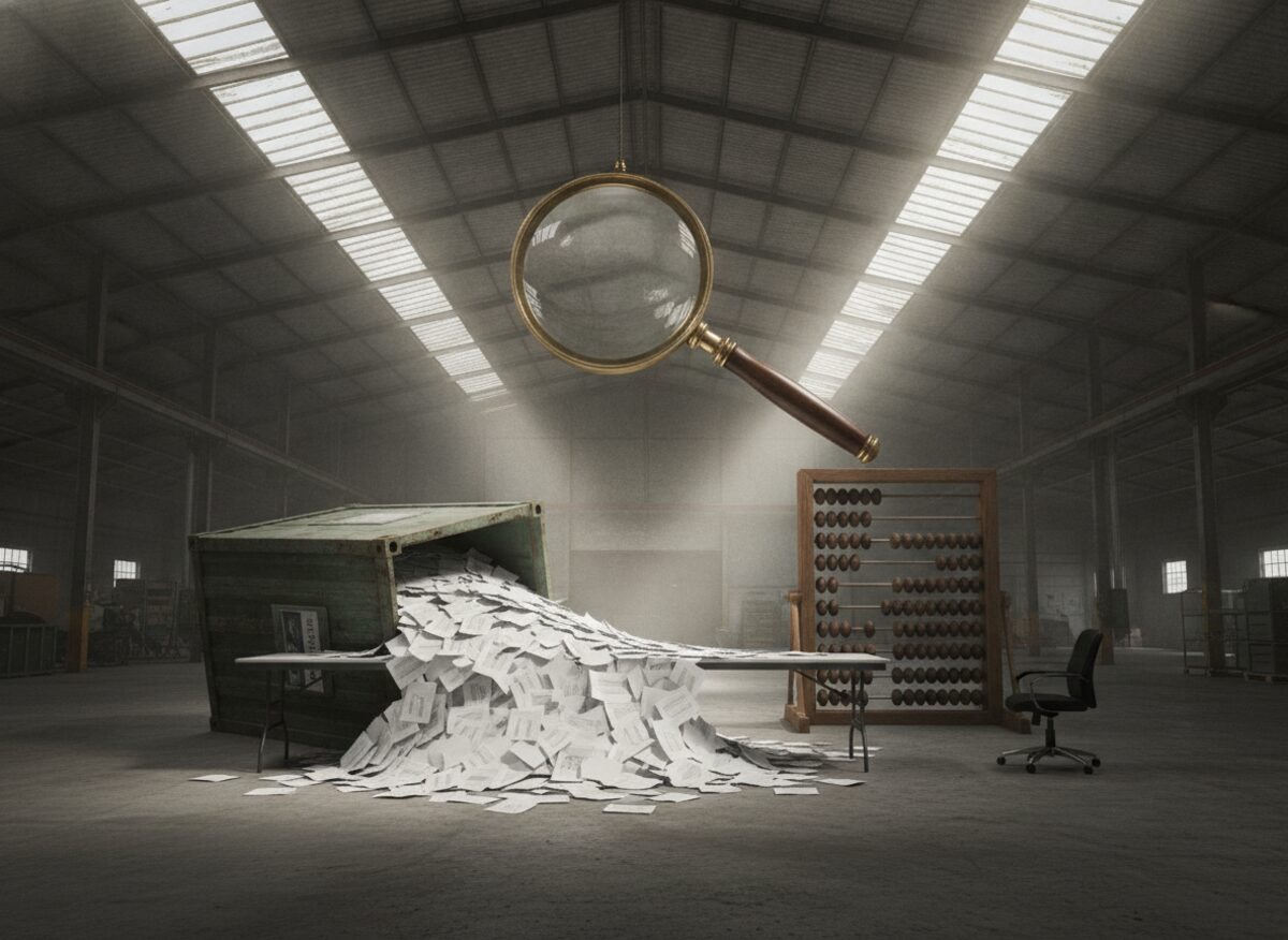 Press photo: a shipping-container-sized ballot box tipped over spilling a mountain of blank paper ballots across a long table, a giant magnifying glass on a stand and a car-sized wooden abacus beside it, a lone office chair facing the pile