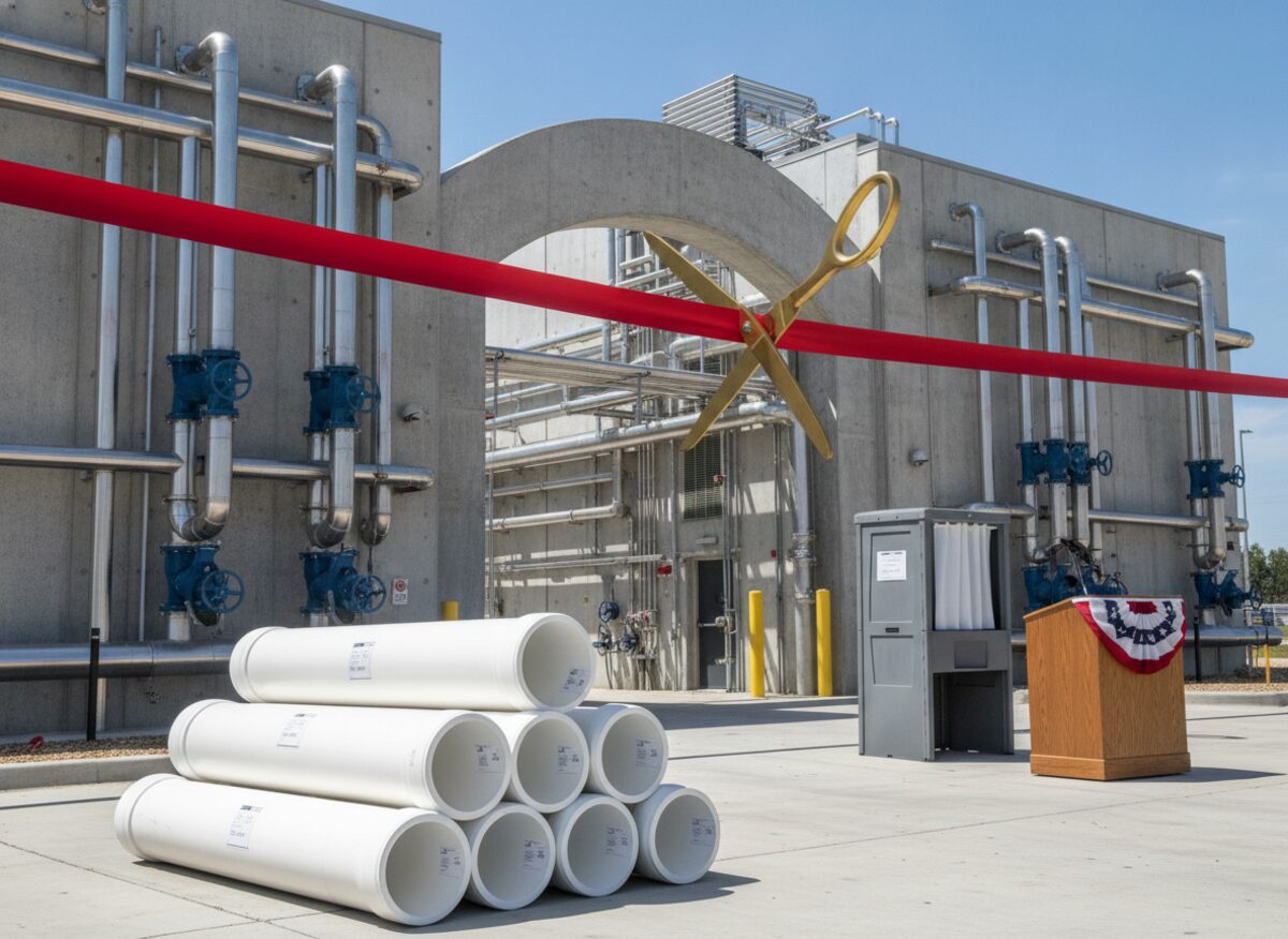 Press photo: a new municipal water-treatment plant with an enormous red ribbon and giant golden scissors mid-cut, stacked new pipes with blank labels in front, and a curtained voting booth standing behind the podium