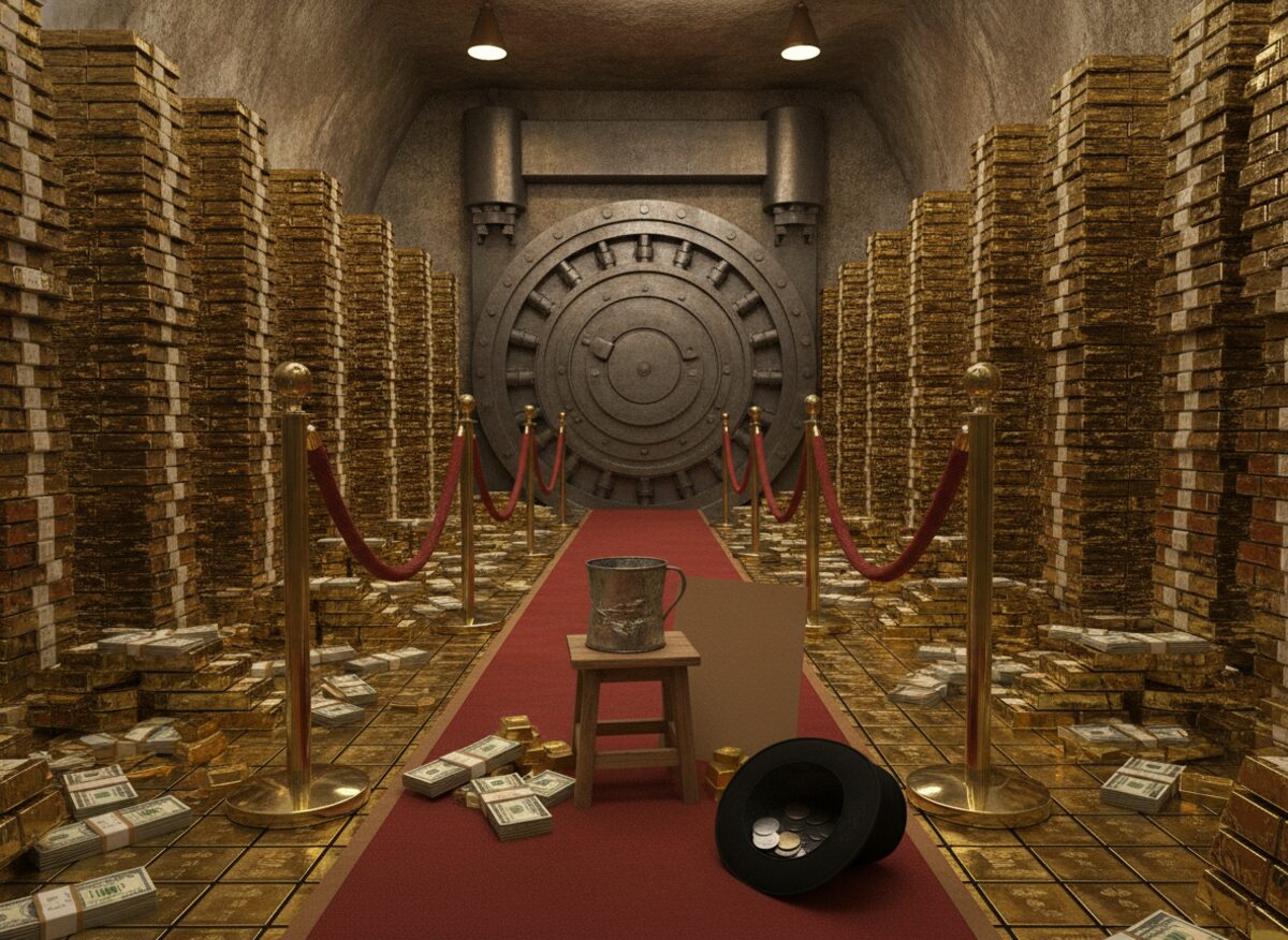 Press photo: a cavernous bank vault filled to the ceiling with gold bars and banded cash, and in the middle on a small stool a humble battered tin collection cup and a blank cardboard sign, a red velvet rope leading to the cup, an upturned top hat with a few coins