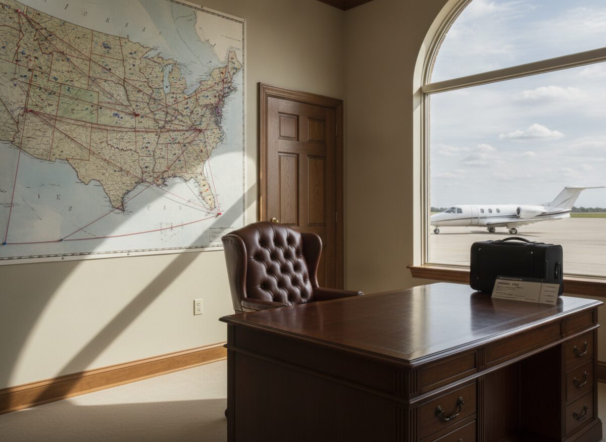 Press photo: a stately governor's office with the leather chair empty and swiveled away, an oversized US map on the wall bristling with pushpins and red yarn, a packed suitcase by the door