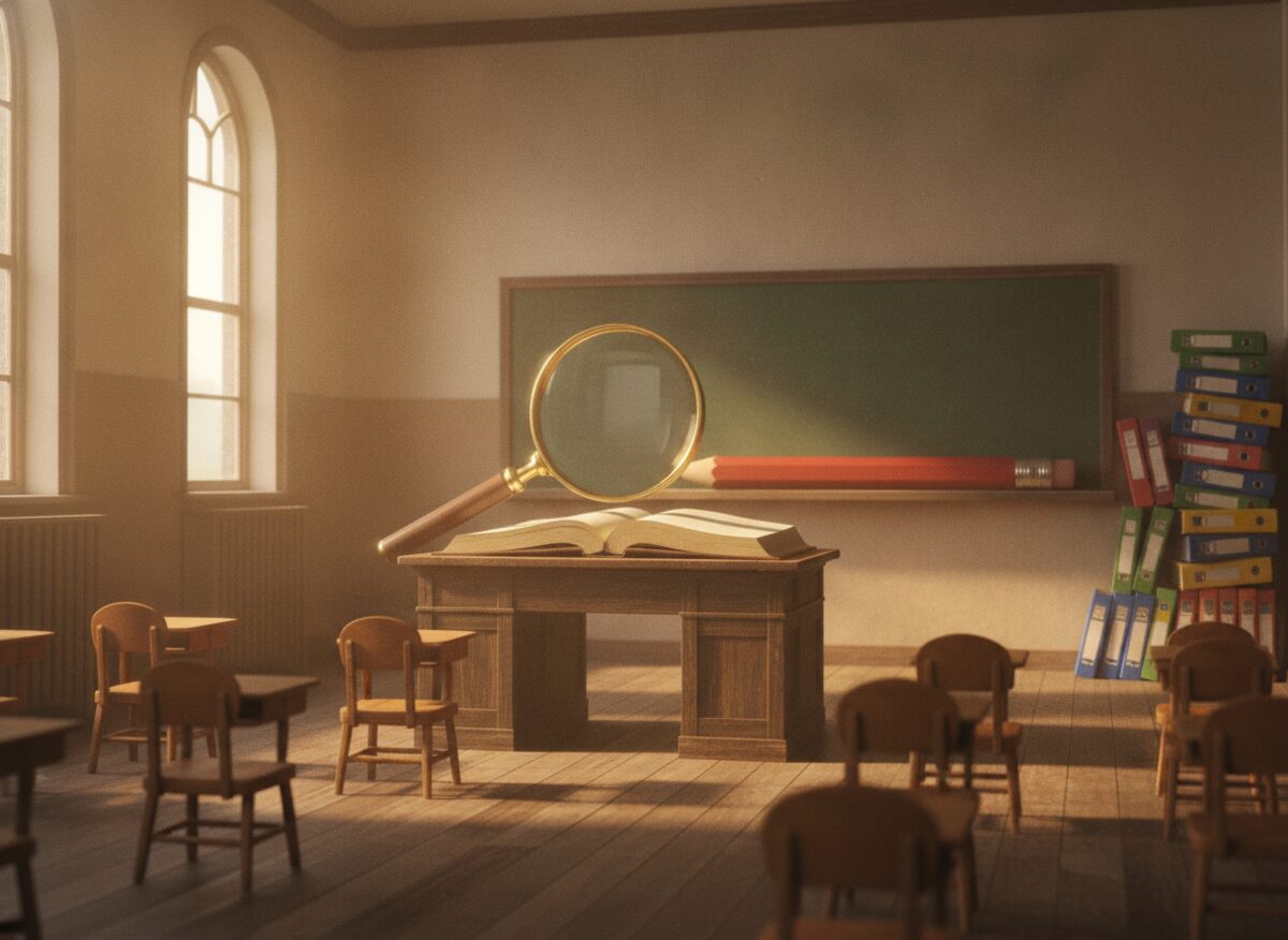 Press photo: an empty elementary classroom with tiny chairs, a giant magnifying glass on a brass stand hovering over an oversized open ledger on the teacher's desk