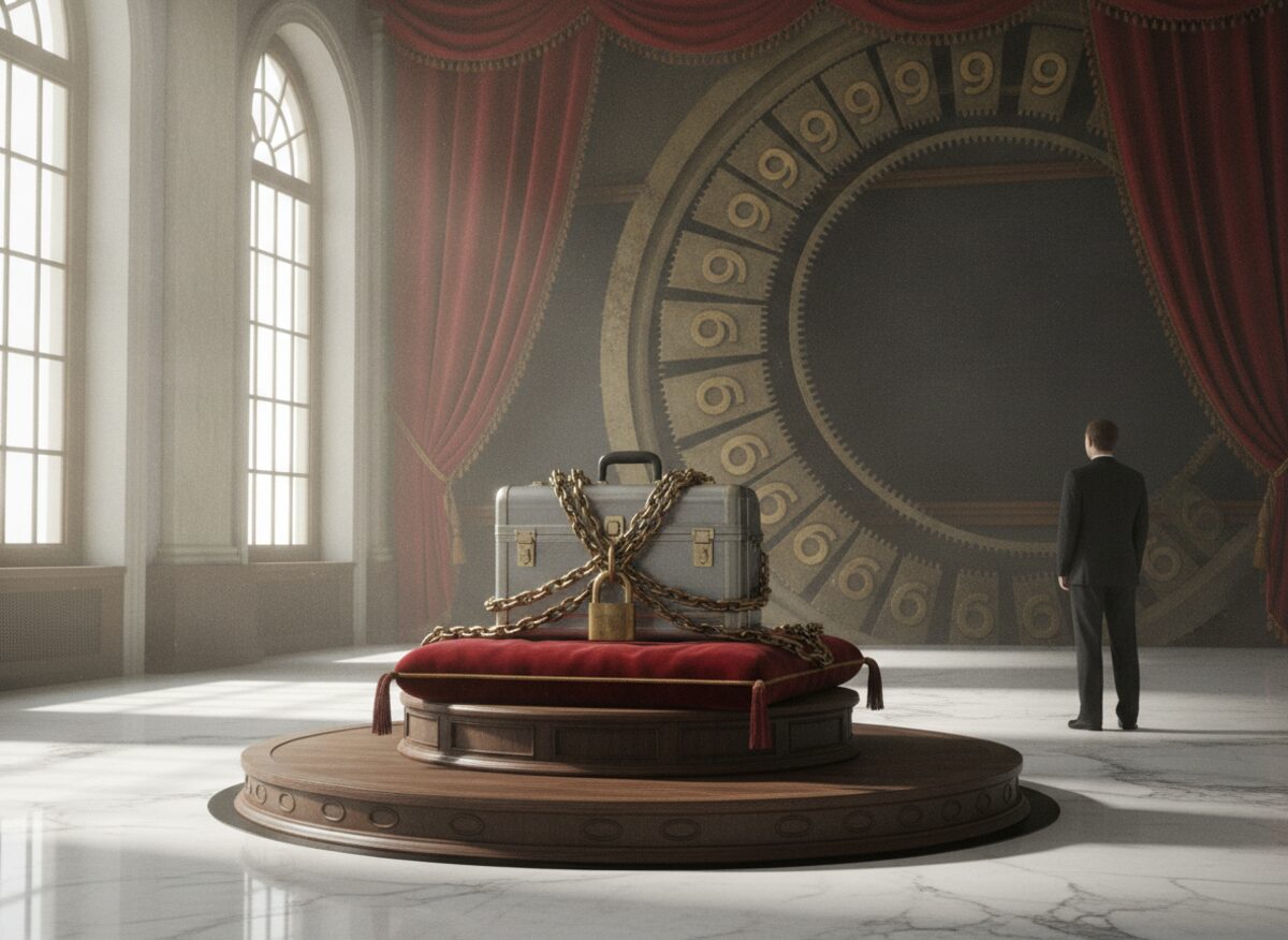 Press photo: a heavy steel briefcase wrapped in a dozen padlocks on a velvet cushion, before an enormous mechanical odometer wheel reading a long string of nines