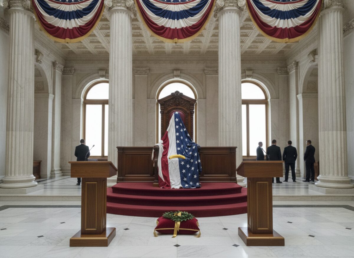 Press photo: an ornate political hall with a tall ceremonial throne draped in bunting, a laurel victory wreath on a velvet pillow on the steps, and a banana peel conspicuously on the throne's seat