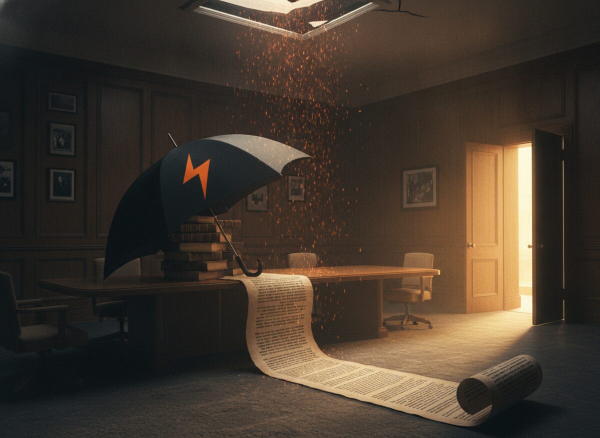 Press photo: a dim back room with a long table, an enormous corporate umbrella marked with a single lightning-bolt icon shielding a stack of ledgers from a rain of glowing embers