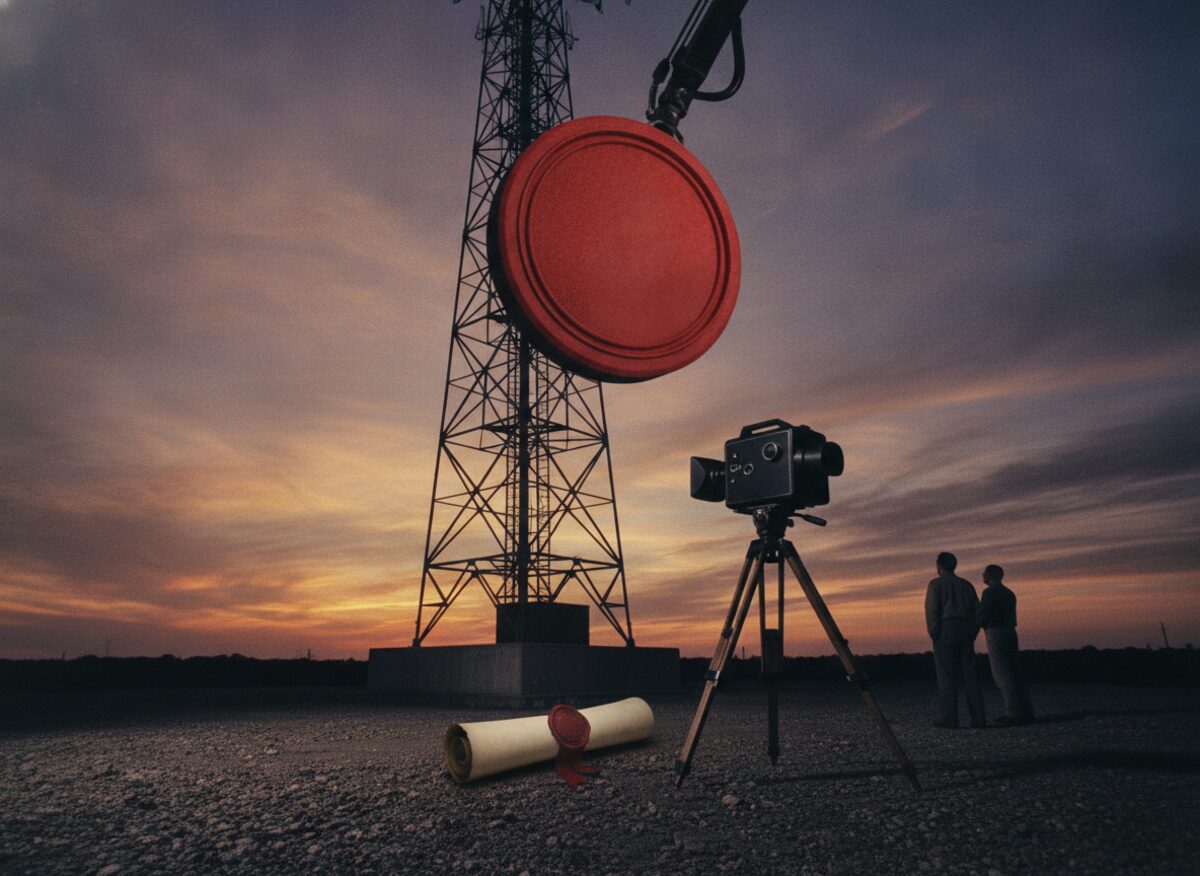 Press photo: a tall broadcast transmission tower with a car-sized red government rubber stamp descending toward its base on a hydraulic arm