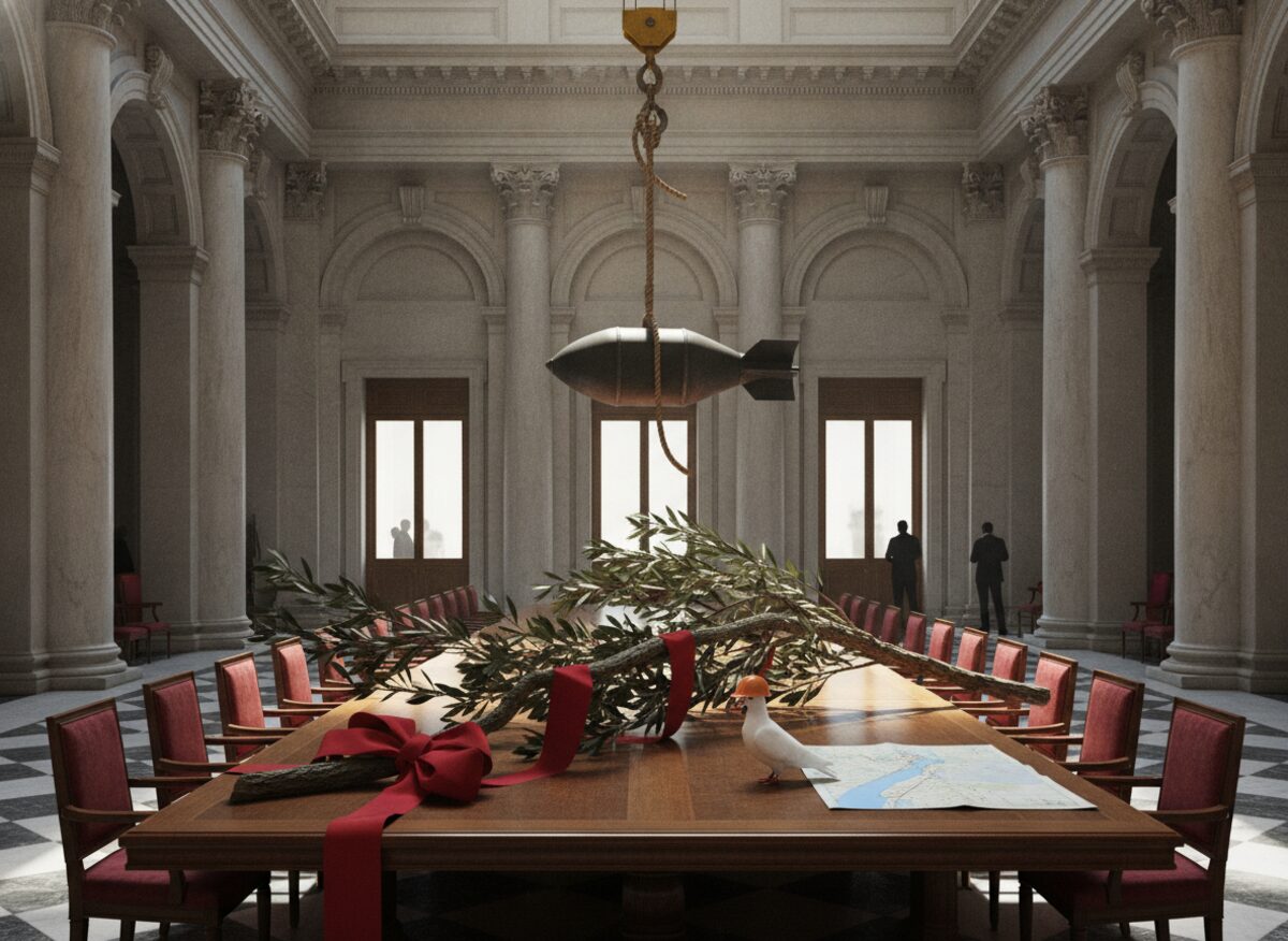 Press photo: an enormous olive branch stretched across a diplomatic negotiating table with a car-sized aerial bomb hanging above it from a crane