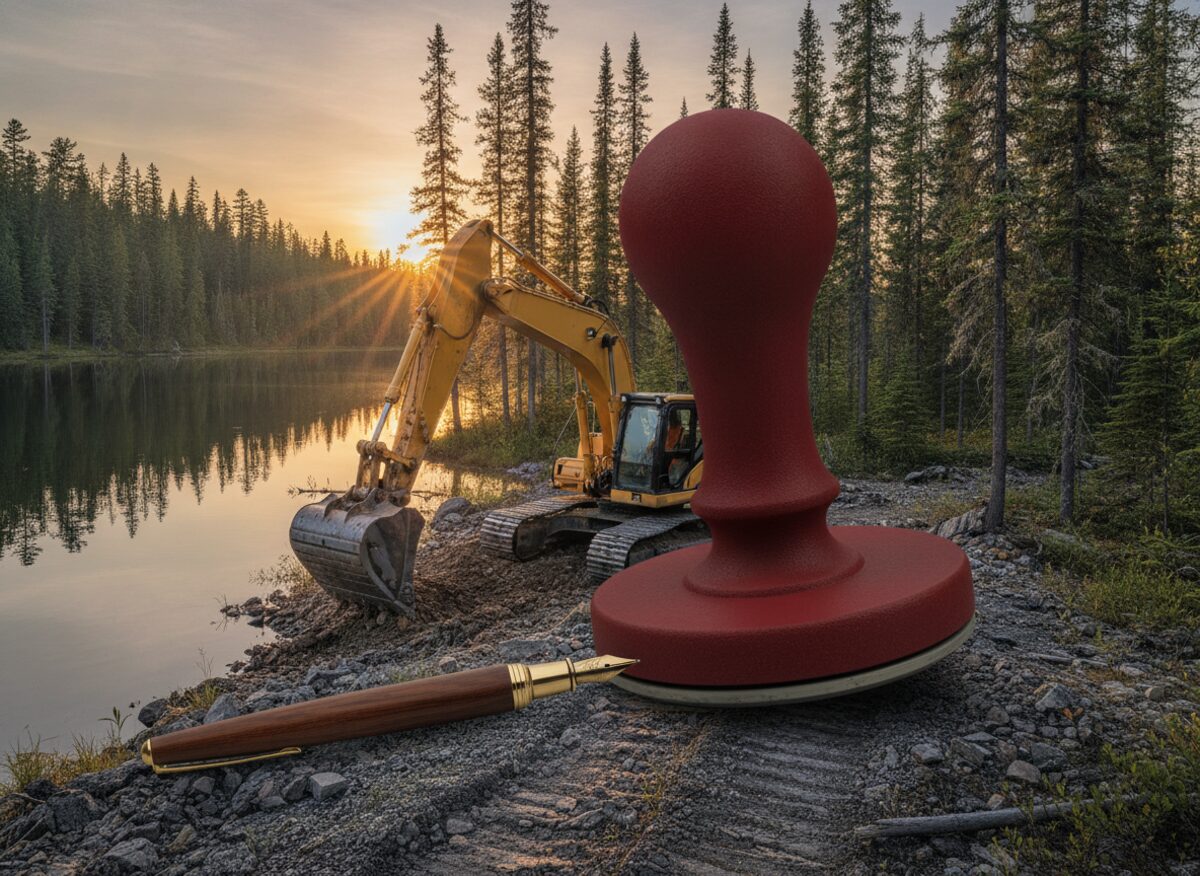 Press photo: a pristine northern lake at golden hour, a colossal red rubber stamp pressing down over a mining excavator frozen mid-dig, a canoe-sized fountain pen lying along the shoreline