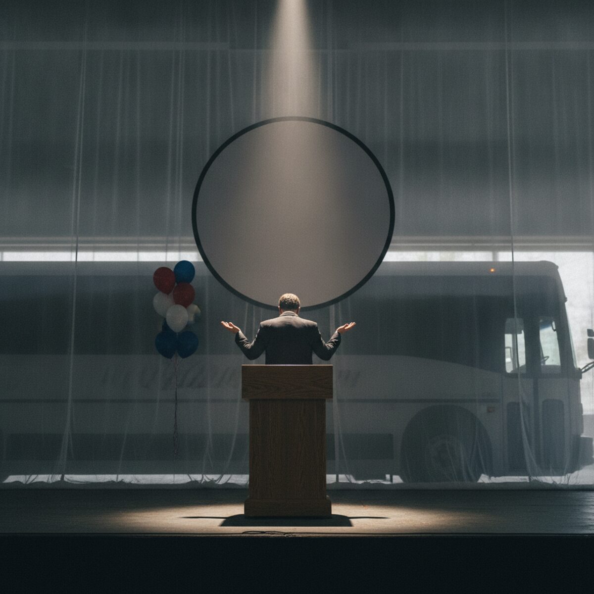 Press photo: a modest wooden lectern on a small stage, with an enormous blank presidential-style seal, red-white-and-blue balloons and a campaign tour bus looming behind a thin gauze curtain