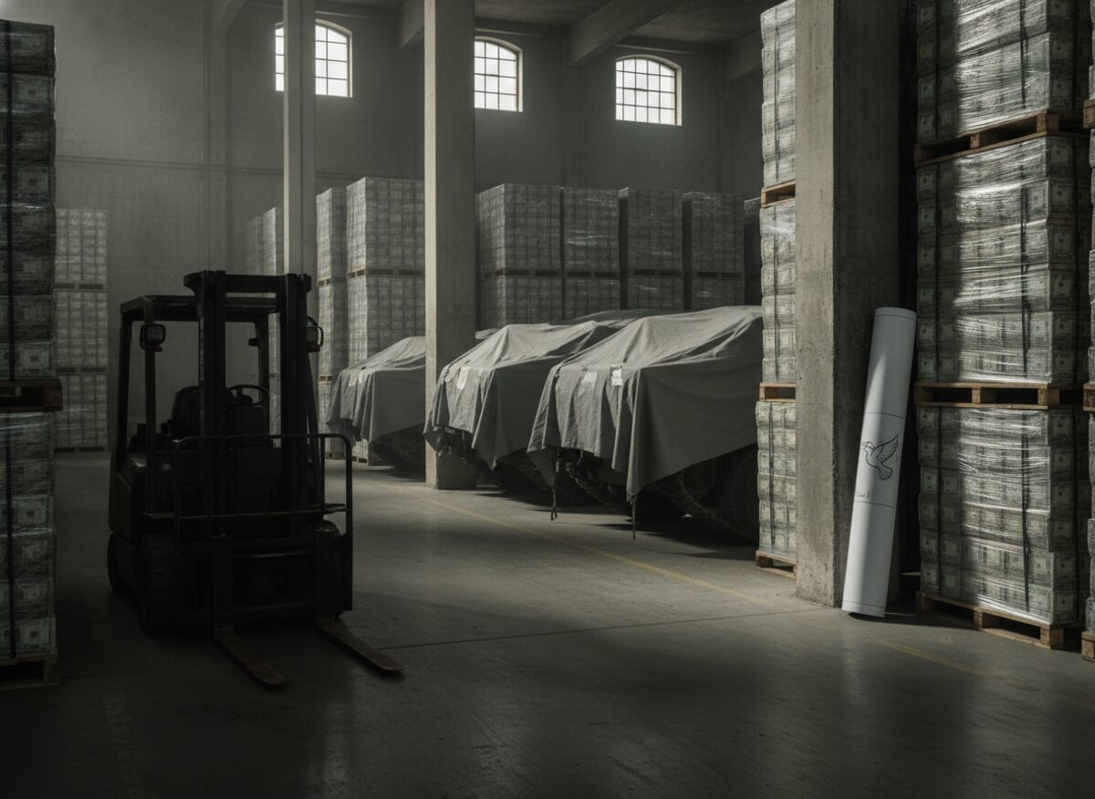Press photo: a dim warehouse stacked with shrink-wrapped pallets of banded cash, three dust-covered armored vehicles in a row, and an unopened rolled blueprint marked with a dove icon