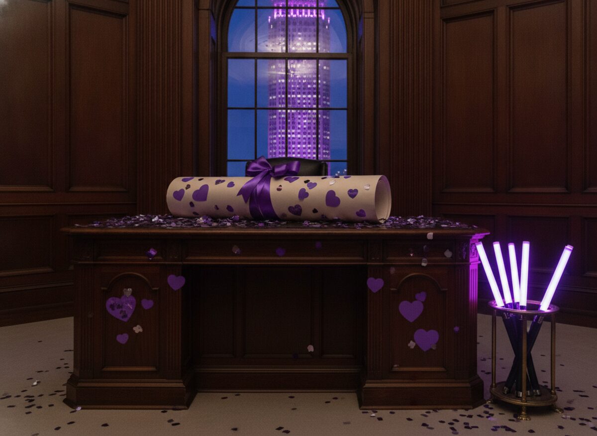 Press photo: a formal governor's oak desk bearing an enormous ornate proclamation scroll covered in purple heart stickers and confetti, a skyscraper glowing purple through the window