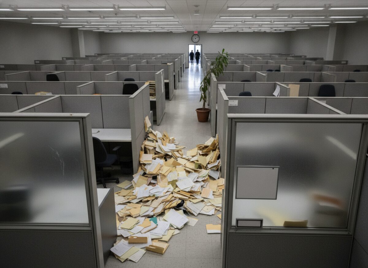 Press photo: a vast grey cubicle office almost entirely emptied of workers, with a towering avalanche of manila retirement folders spilling from a service window