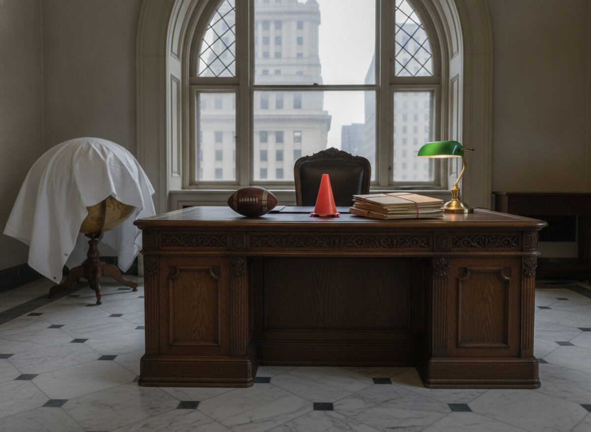 Press photo: a city hall desk with a globe pushed to the far corner and covered in a dust sheet, and a pothole-repair cone, a toy football and a stack of housing permits placed squarely in the center