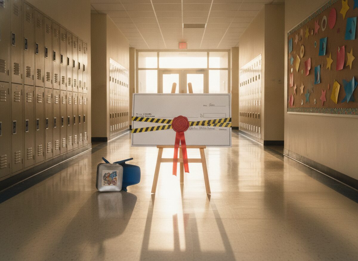 Press photo: an oversized paper check for a bonus on an easel in a school hallway, wrapped in caution tape and sealed with a wax court stamp, a child-sized chair and a lunchbox beside it