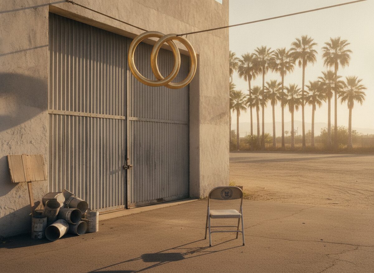Press photo: a film-studio soundstage door with two giant wedding rings interlocked above it and a union picket sign leaning against the wall, a folding chair labeled only with a mayoral seal sitting in the middle of the lot
