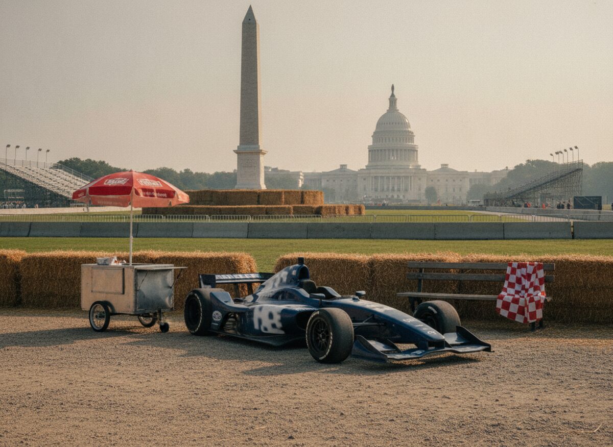 Press photo: an open-wheel race car parked on the National Mall gravel path beside a hot-dog cart, hay bales stacked around a marble monument and a checkered flag draped over a park bench