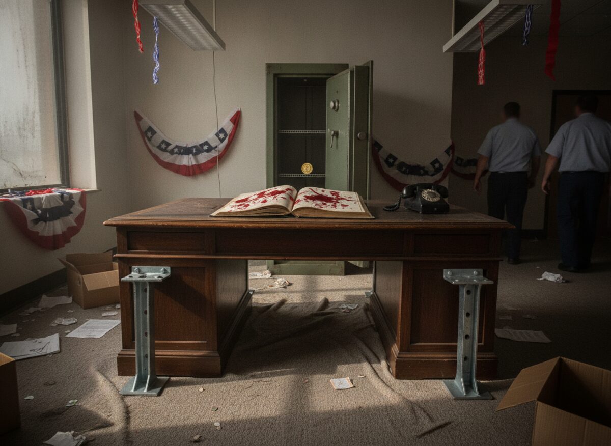 Press photo: a party chairman's desk bolted to the floor with heavy steel brackets, a ledger open to a page of red ink, and an empty safe behind it with its door open and a single coin inside