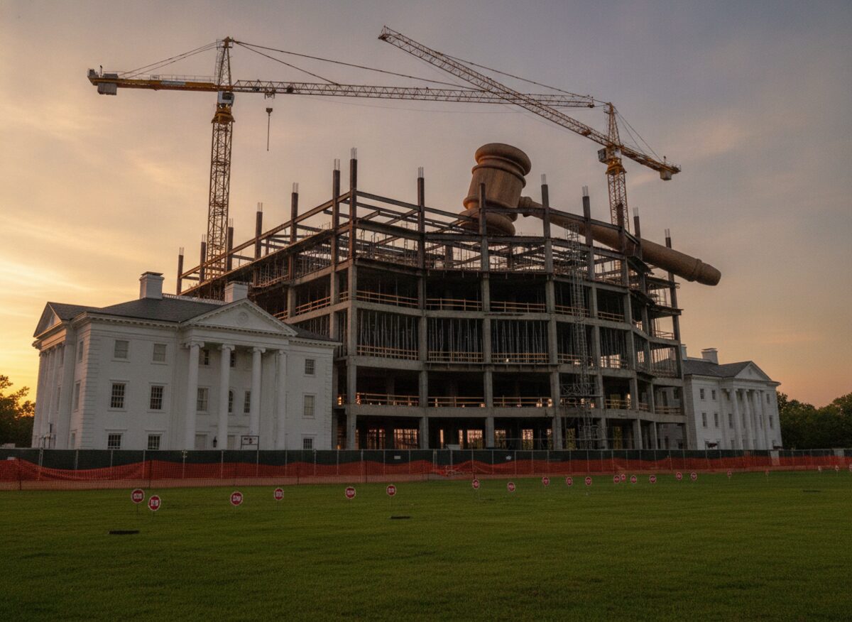 Press photo: a half-built ballroom shell rising beside a white mansion with cranes overhead, a giant gavel propped against the steel frame and a row of tiny red stop signs planted across the lawn in front of the construction fence