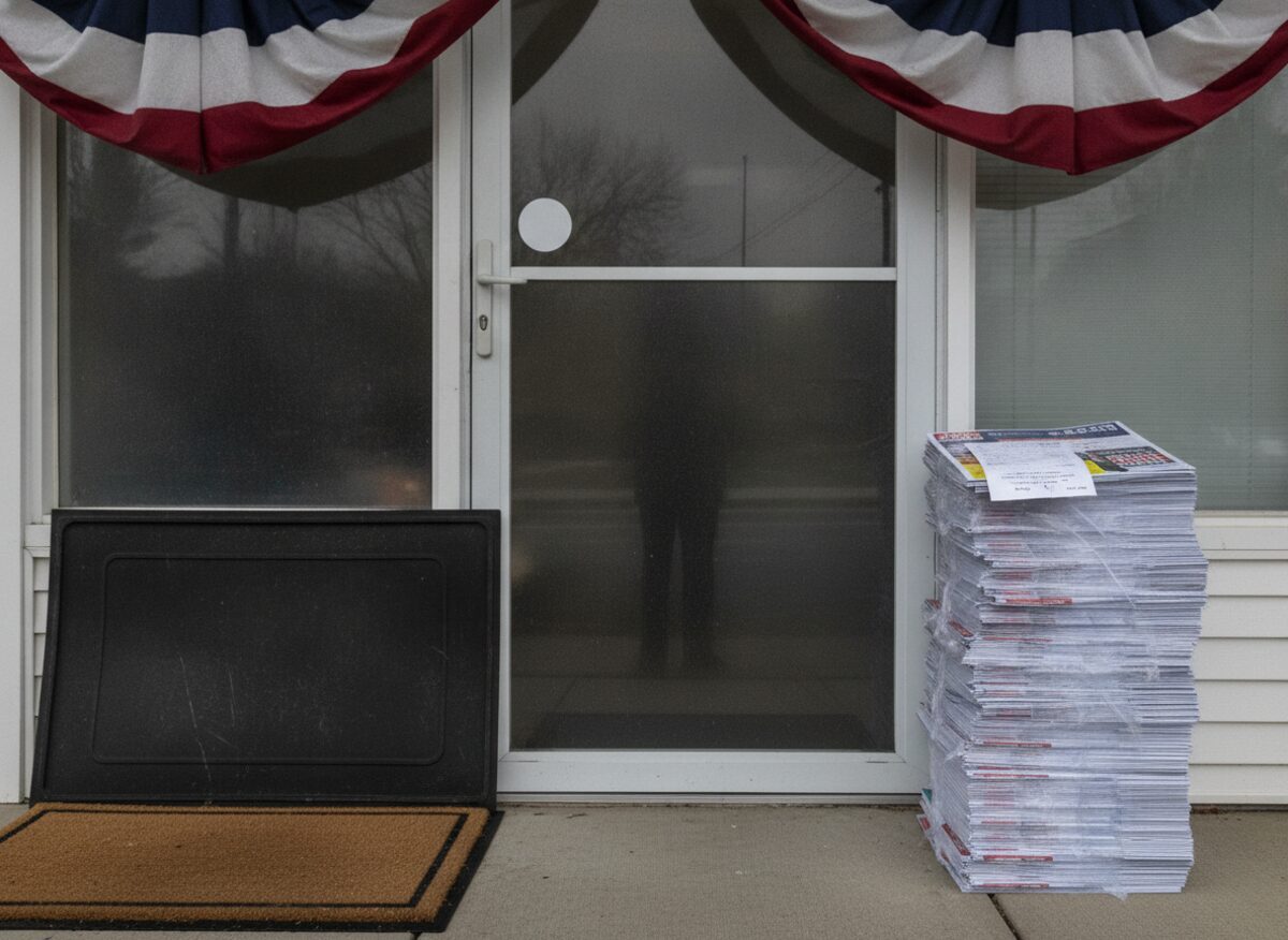 Press photo: a campaign office doorway with a welcome mat flipped over to its blank underside, a stack of glossy campaign mailers left on the porch still in shrink-wrap and a 'no soliciting' sticker on the glass