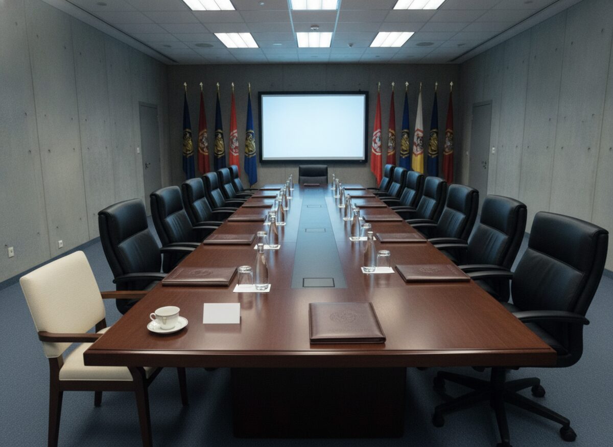 Press photo: a long Pentagon conference table set for a sensitive briefing with one extra guest chair pulled up at the corner, a folded 'reserved' tent card and a cup of tea, the other attendees' chairs turned slightly away