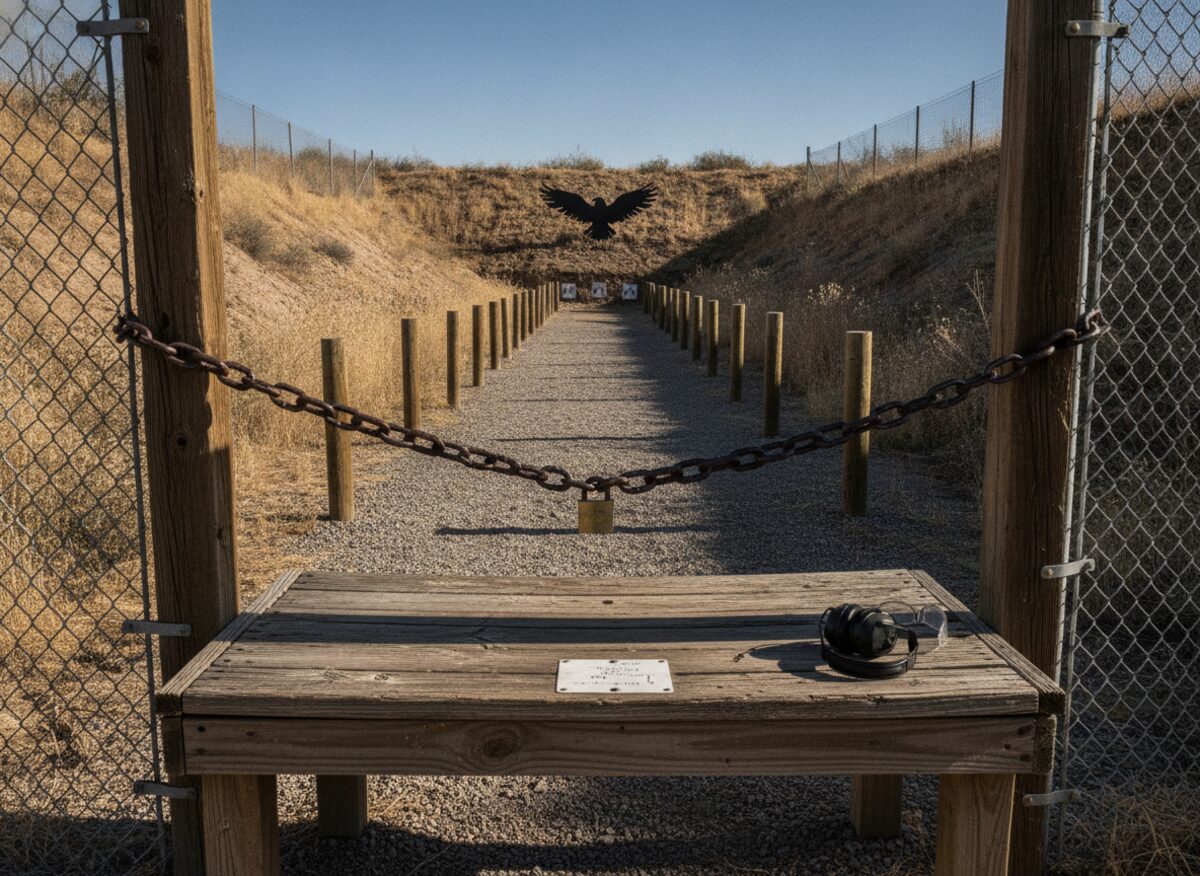 Press photo: a county firing range with a chain and padlock across the lane gate, a paper target on the berm replaced with a giant federal eagle silhouette and a hand-lettered closed sign turned face down on the bench