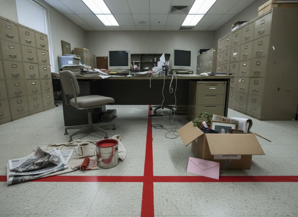 Press photo: a newsroom desk at a military newspaper with a thick red line painted across the floor, a folded newspaper on one side and a pink dismissal envelope on the other