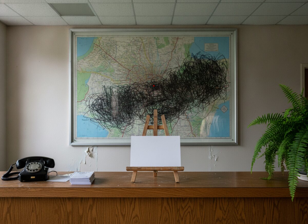 Press photo: a city hall reception desk with an 'out of office' easel, a state road map on the wall with the entire upper half blacked out in marker and a single pushpin in the blacked-out area