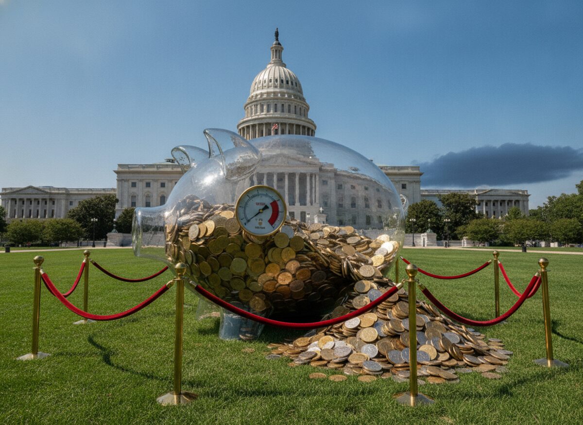 Press photo: an enormous glass piggy bank the size of a car, stuffed to the lid with coins and overflowing onto a state-capitol lawn, a small 'full' gauge on its side pegged into the red