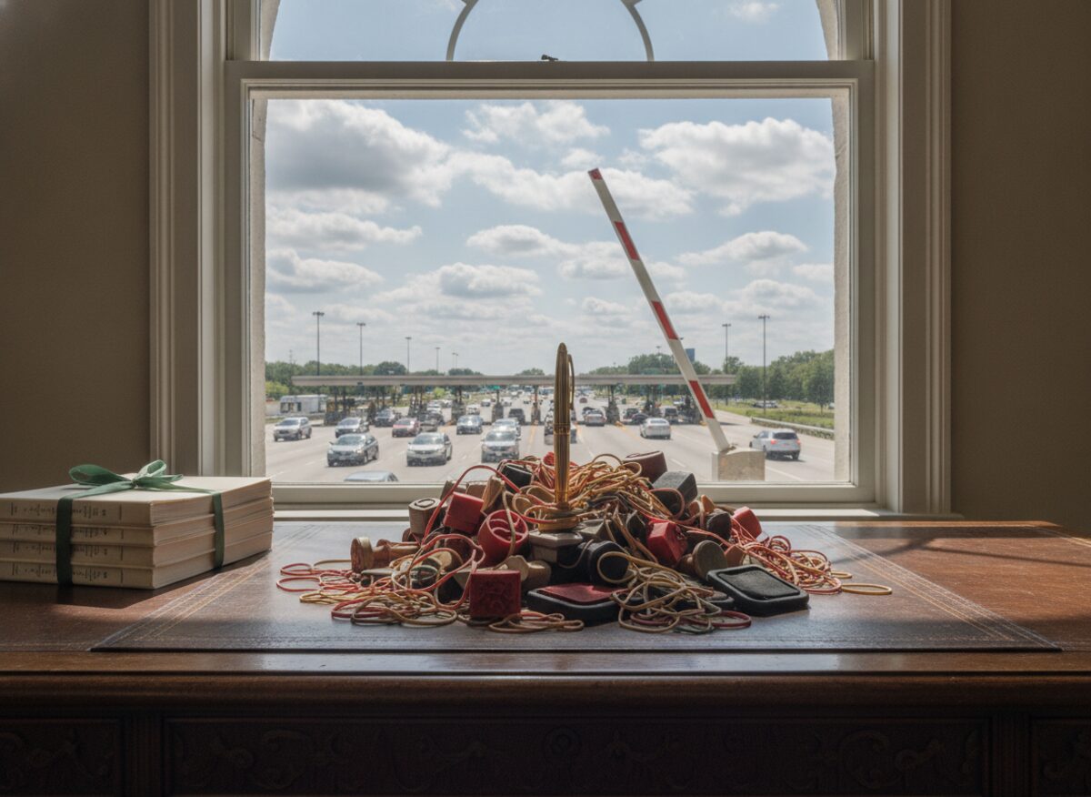 Press photo: a governor's desk with a fountain pen standing in a tall heap of veto stamps and rubber bands, while through the window a toll plaza gate rises on a highway ramp in the distance