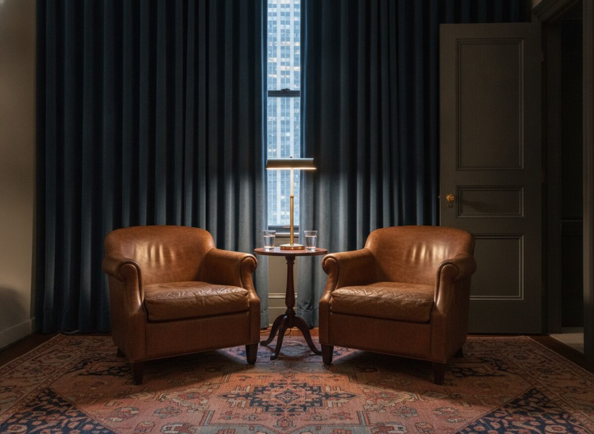 Press photo: two leather armchairs facing each other in a dim private Manhattan sitting room, a single lamp, two untouched glasses of water, and a door left ajar